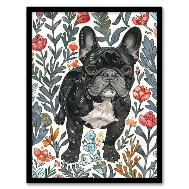 French Bulldog in Flower Garden Dog Lover Black Framed Wall Art Print A4