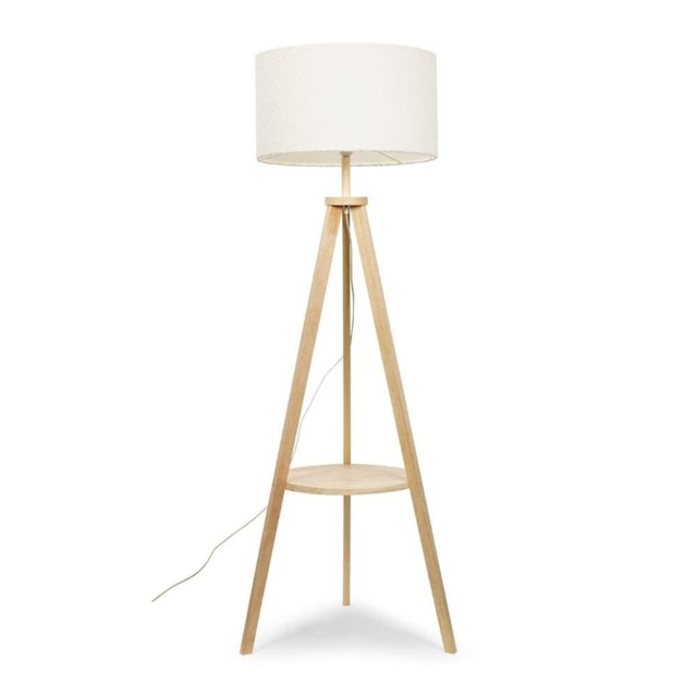ValueLights Morrigan Cream Boucle Shade Wood Tripod Floor Lamp and Bulb