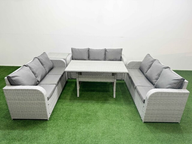 Fimous PE Rattan Lounge Sofa Set 9 Seater Outdoor Garden Furniture Set with Rectangular Dining Table 3 Seater Sofa Side Table Light Grey