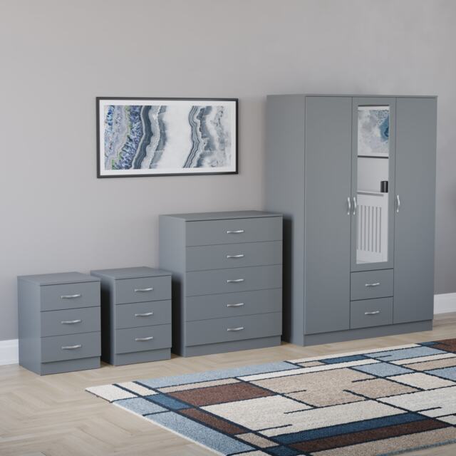 Vida Designs Riano 4 Piece Bedroom Set (2x 3 Drawer Bedside Chest, 5 Drawer Chest, 3 Door 2 Drawer Mirrored Wardrobe) - Grey