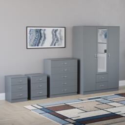 Vida Designs Riano 4 Piece Bedroom Set (2x 3 Drawer Bedside Chest, 5 Drawer Chest, 3 Door 2 Drawer Mirrored Wardrobe) - Grey