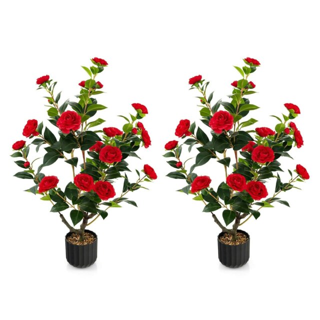 COSTWAY 2 Pack Artificial Camellia Tree Faux Flower Plant Red One Size