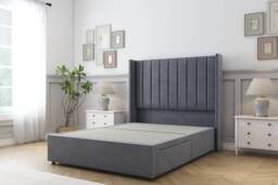 Sloomy Falcon Steel Plush Divan Bed Base No Drawers With 54 Inch Wingback Headboard Grey Steel King 1