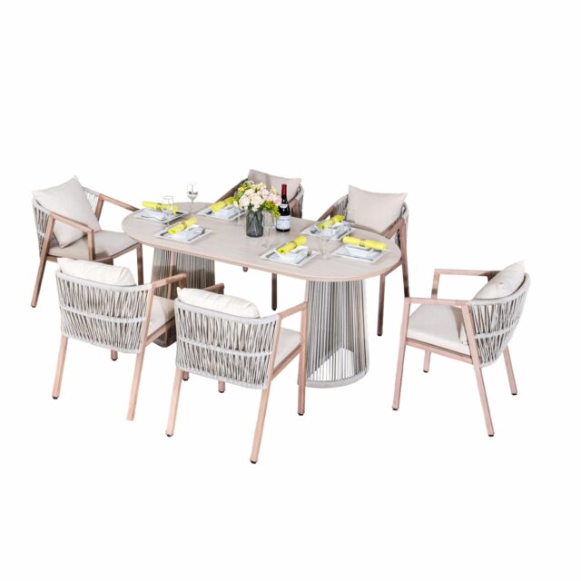 Direct Wicker Outdoor Garden Iron Woven Oval Dining Table Set with Six Chairs