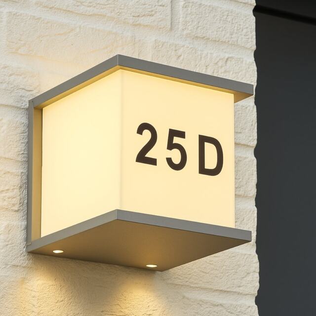 CGC Lighting June Grey Outdoor Cube Wall Light with House Number IP54 Grey Grey Height: 16.3 cm, Width: 16.5 cm, Diameter: 17.5 cm