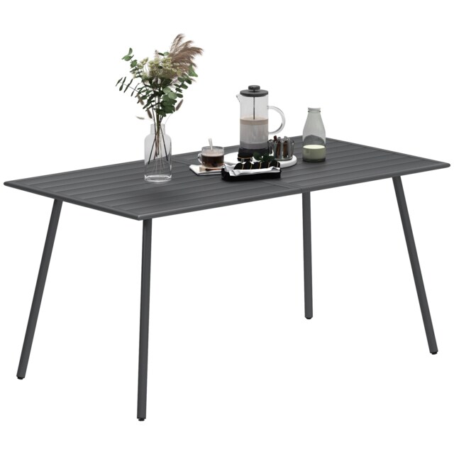 Outsunny Garden Dining Table for 6 Person with Slat Top, Steel Frame, Grey