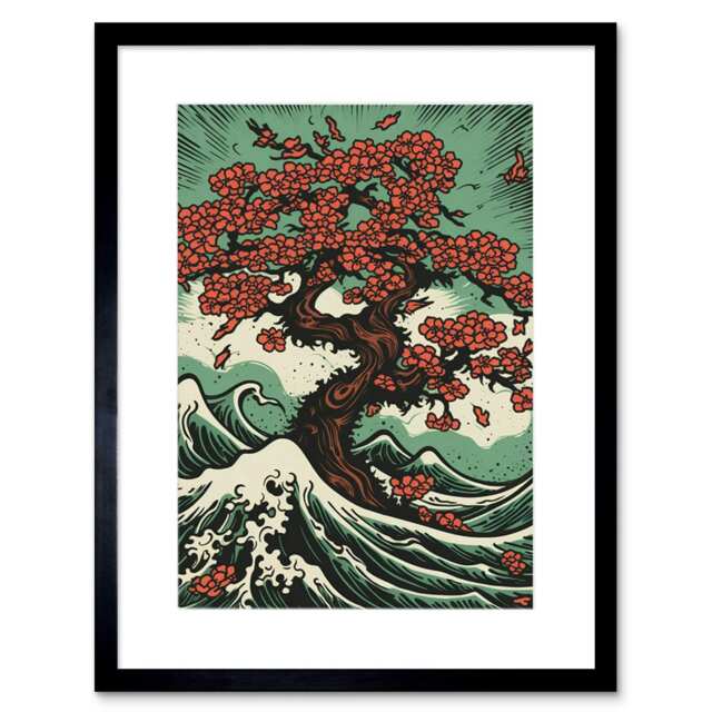 "Japan Cherry Blossom Tree Wavy Sea Rockabilly 50s 9x7"" Black Framed Wall Art Print"
