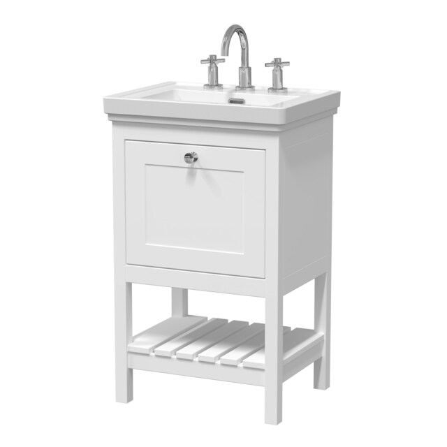 Traditional Furniture Floor Standing 1 Drawer Vanity & 3 Tap Hole Fireclay Basin, 500mm, Pure White White