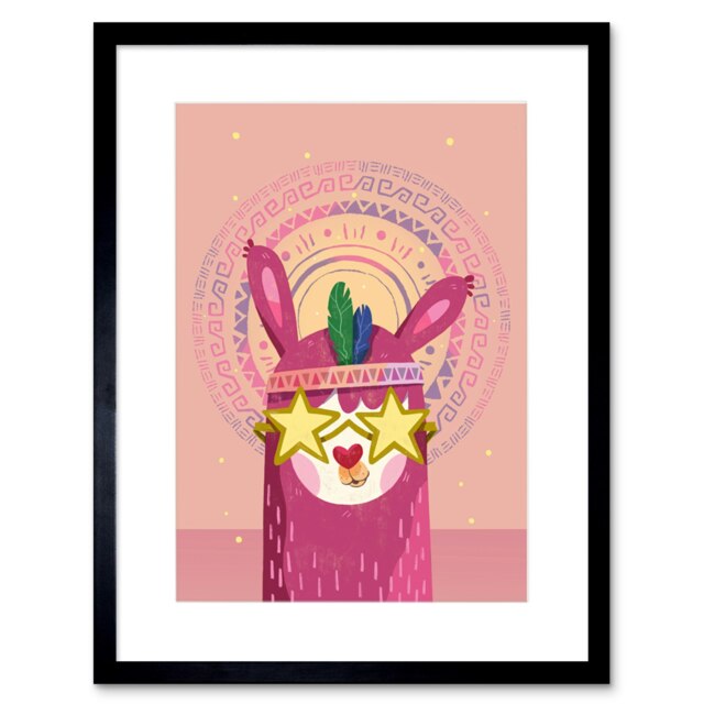 "Llama Star Sunglasses Pink Cartoon Kids Bedroom 9x7"" Black Framed Wall Art Print"