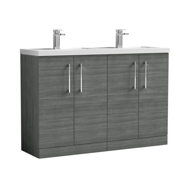 Balterley Level Floor Standing 4 Door Vanity Unit with Double Basin for Modern Bathroom Storage Grey Anthracite Woodgrain