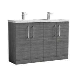 Balterley Level Floor Standing 4 Door Vanity Unit with Double Basin for Modern Bathroom Storage Grey Anthracite Woodgrain