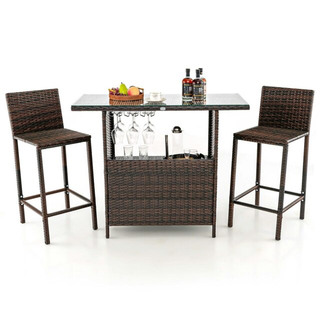 COSTWAY 3 Piece Patio Wicker Garden Set Rattan Bar Height Table