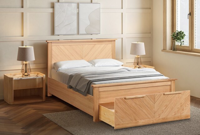 5ft King Size Real Oak Wood Bed Frame with Large Storage Drawer