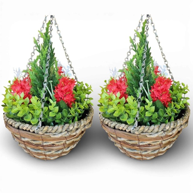 Pair Of Best Artificial 25cm / 10 Inch Faux Red Hyacinth Decorative Hanging Baskets - Suitable for Outdoor Use Red Red 1