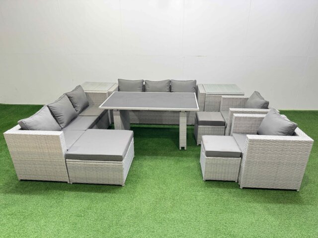 Fimous 11 Seater Wicker PE Rattan Furniture Outdoor Dining Table 3 Seater Sofa Armchair Set with 2 Side Tables 3 Stools Light Grey