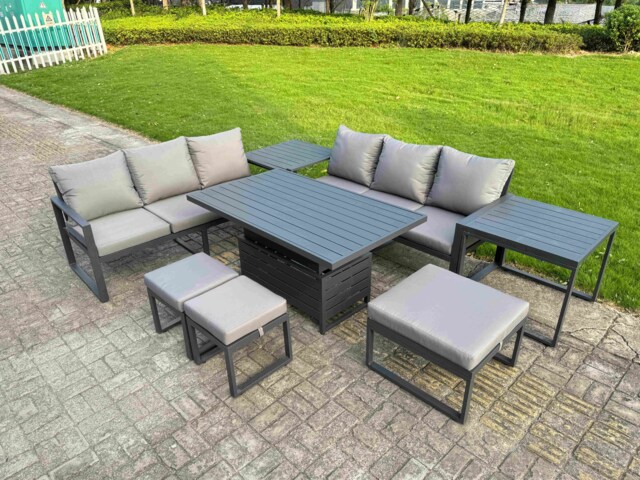 Fimous 8 Pieces Garden Furniture Set Aluminium Adjustable Rising Lifting Dining Table and Sofa Set with 2 Side Tables 3 Footstools Dark Grey