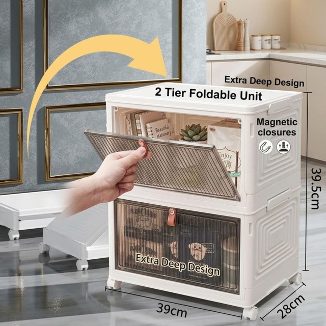 Plastic Storage Drawer Tower Unit with Wheels – 2 Tier Multipurpose Organizer for Home & Office