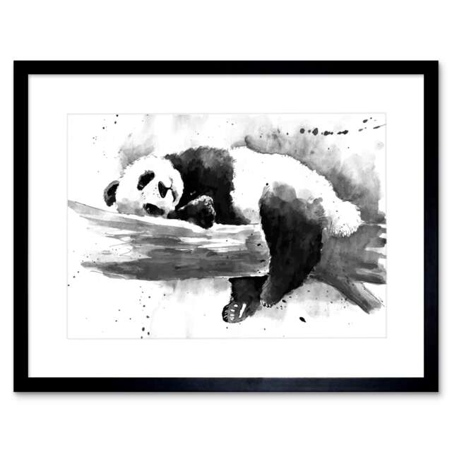 "Panda Bear Sleeping on Tree Black Watercolour 9x7"" Black Framed Wall Art Print"