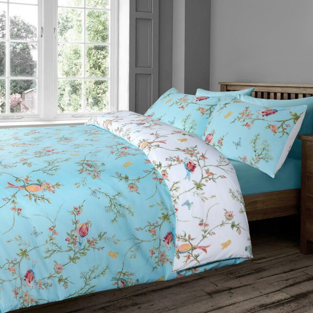 Velosso Birds Floral Printed Cotton Blend Duvet Cover and Pillowcase Set Blue Single