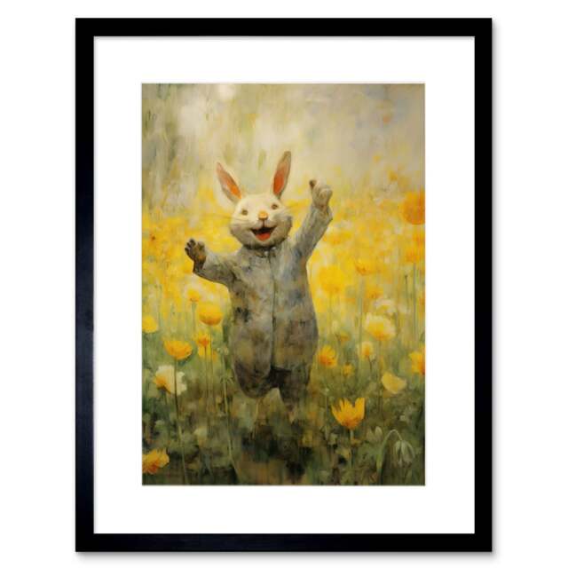 "Tulips Rabbit Watercolour Kids Nursery 9x7"" Black Framed Wall Art Print"