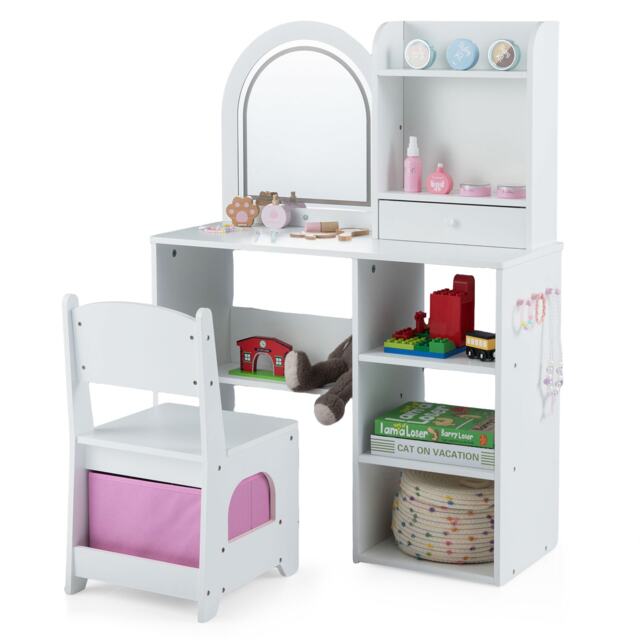 COSTWAY Kids Vanity Table and Chair Set Girls Set White
