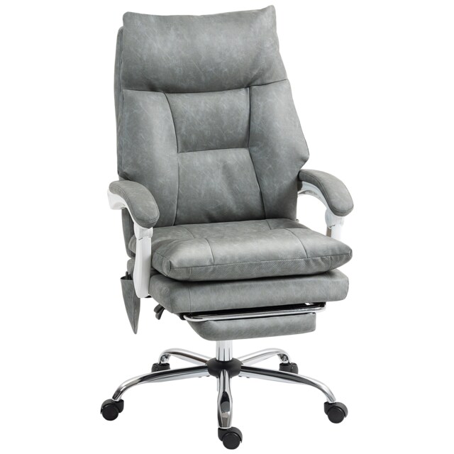 HOMCOM Executive Office Chair with Airbag Lumbar Support, PU Leather Desk Chair with Footrest, Quiet Swivel Wheels, Reclining Backrest, High Back, Height Adjustable, for Home, Grey Grey White
