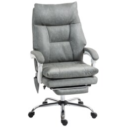 HOMCOM Executive Office Chair with Airbag Lumbar Support, PU Leather Desk Chair with Footrest, Quiet Swivel Wheels, Reclining Backrest, High Back, Height Adjustable, for Home, Grey Grey White