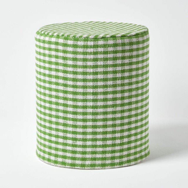 Homescapes Green Gingham Check Round Pouffe Cotton - 40 x 42 cm Green 40 x 40 x 42 cm