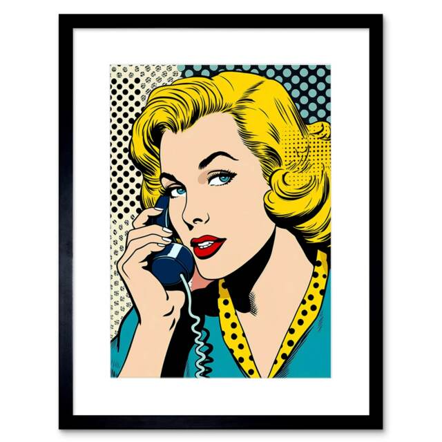 "Halftone Hello Comic Book Style 1950s Woman Telephone 9x7"" Black Framed Wall Art Print"