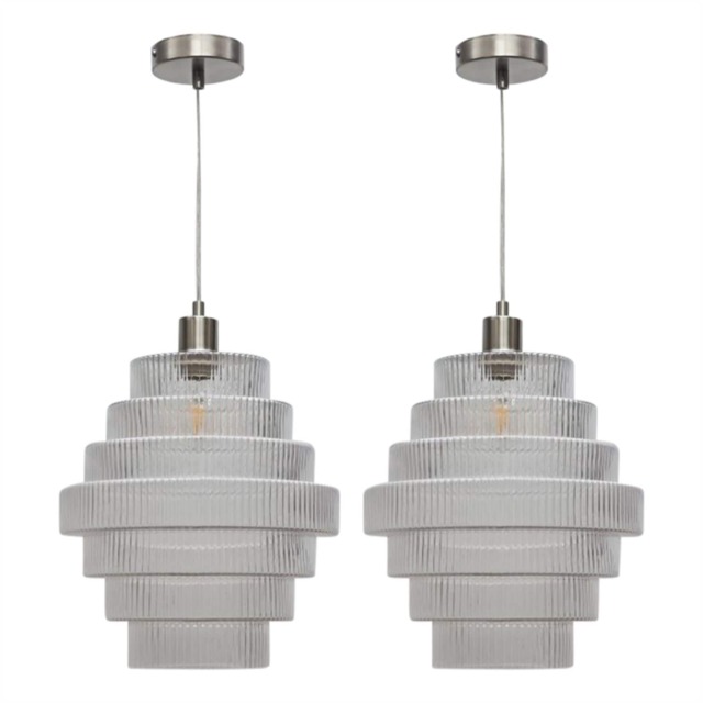 Set of 2 Benson - Tier Large Glass Satin Nickel Ceiling Pendant Light