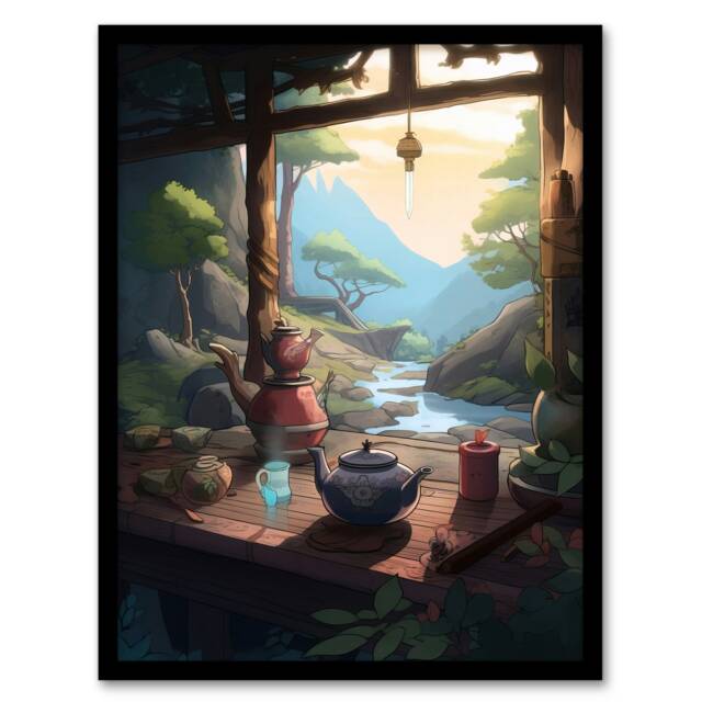 Tranquil Tea Ceremony In Nature Japanese Home Decor Black Framed Wall Art Print A4