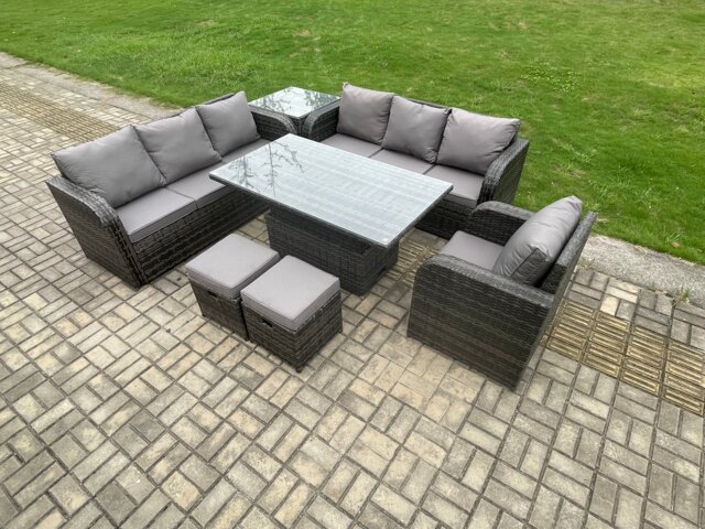 Fimous Outdoor Rattan Garden Furniture Sets Height Adjustable Rising lifting Dining Table Sofa Set with Reclining Chair Side Table 2 Small Footstools Dark Grey Mixed