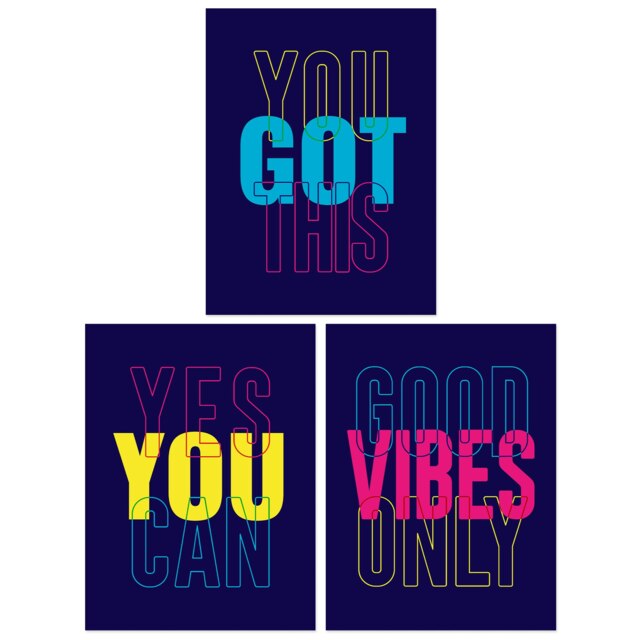Set of 3 Good Vibes You Got This Yes You Can Colourful Neon Motivational Wall Art Prints 12x16 Inch