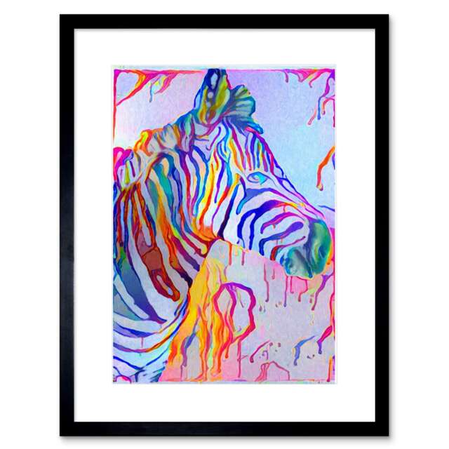 "Rainbow Zebra Animal Colourful Abstract Painting 9x7"" Black Framed Wall Art Print"