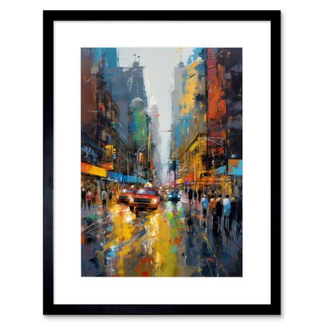 "New York City Street Taxi Traffic Cityscape 9x7"" Black Framed Wall Art Print"