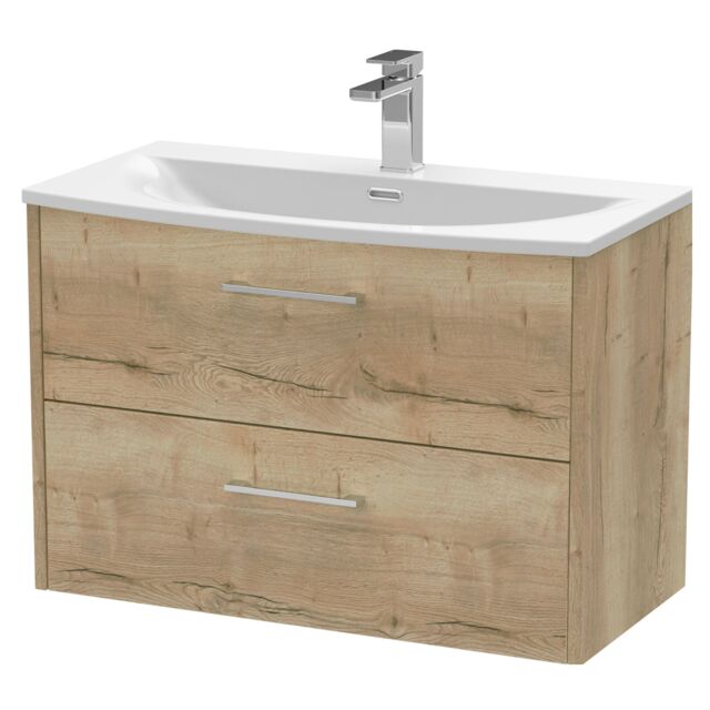 Balterley Winshill Contemporary 2 Drawer Wall Hung Vanity Unit with Curved Basin, Light Oak, 800mm
