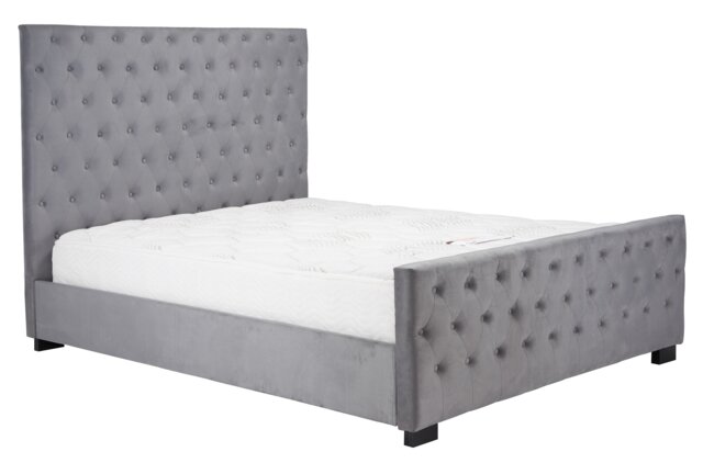 5ft King Size Grey Velvet Fabric Upholstered Button Back Tall Head End Bed Frame Grey King