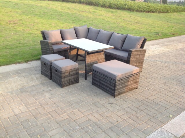 Fimous 9 Seater High Back Rattan Garden Furniture Set Corner Sofa With Oblong Dining Table 3 Footstool