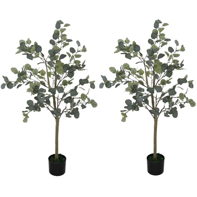 HOMCOM Set of 2 Decorative Artificial Tree, 4ft 120cm Silk Eucalyptus Trees with 230 Silver Dollar Leaves in Pot, Fake Plants for Home, Office, Living Room, Indoor Decor Green