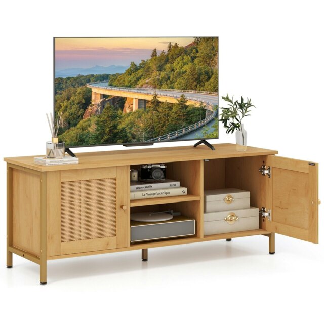 COSTWAY Boho TV Stand for 55 Inches Entertainment Center Natural Gold 1