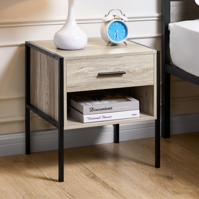 Vida Designs Brooklyn 1 Drawer Bedside Cabinet Industrial Cabinet Table Nightstand, Grey