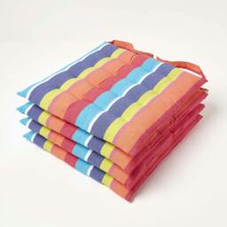 Homescapes 4 x Seat Pads Luxury Cotton Stripe Indoor Outdoor Garden Dining Cushion Multi 40 x 40 cm 4