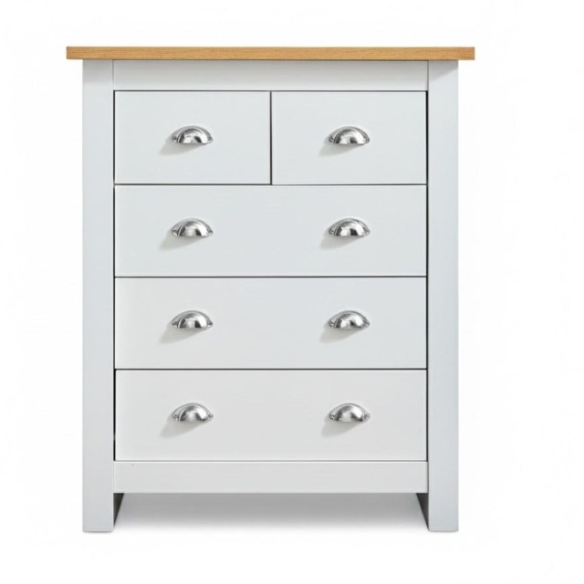 5-Drawer Dresser with Light Wood Top, White Bedroom Storage Chest, Silver Handles, W79cm