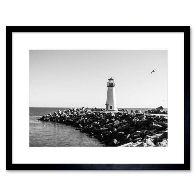 "Lighthouse Rocks Ocean BW Living Room Home 9x7"" Black Framed Wall Art Print"