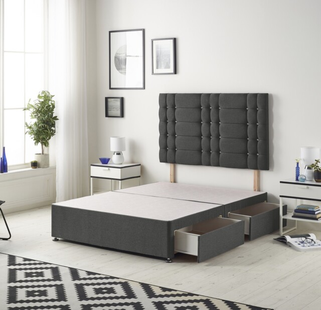 Astoria Divan Bed Base with 2 Drawers & 30 Inch Diamante Headboard in Tweed Fabric Grey Charcoal Super King
