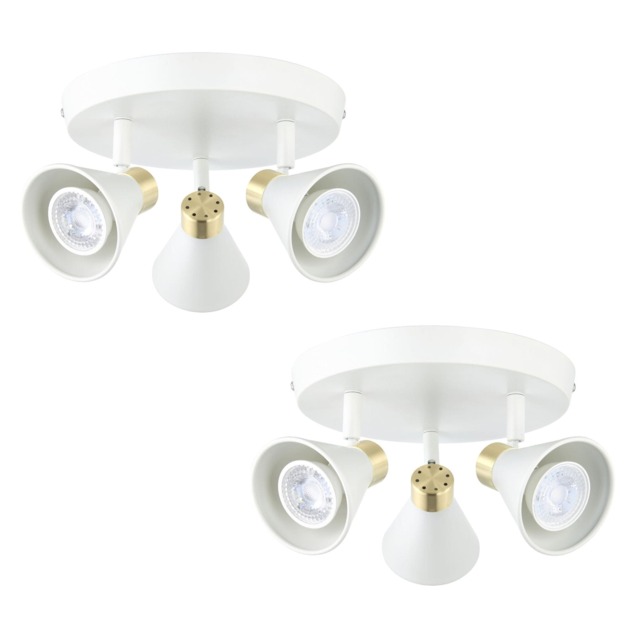 Set of 2 Burton - Matt White & Gold Detail 3 Way Ceiling Spotlights