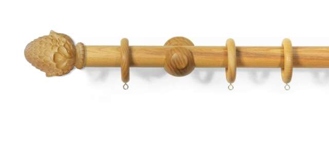 Lister Cartwright 33 mm Wood Curtain Poles Fixed Length Rubber Wooden Finials, Honey OAK (Artichoke) 120 cm