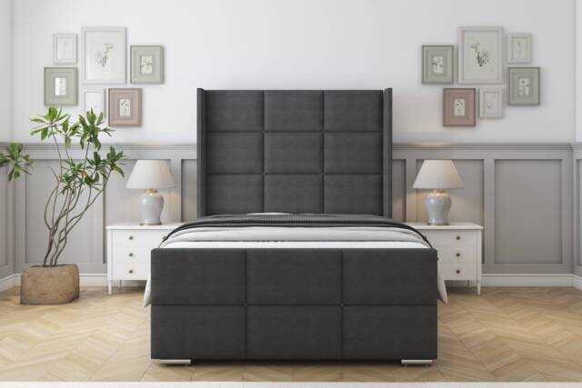 "Sloomy Beaumont Graphite Dumfries Bed Frame With Mattress With 50"" Upholstered Wingback Headboard 5' King"