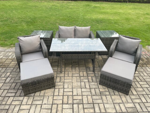 Fimous Rattan Outdoor Garden Furniture Set Rectangular Dining Table and Chair Sofa Set With 2 Side Tables 2 Big Footstool Dark Grey Mixed