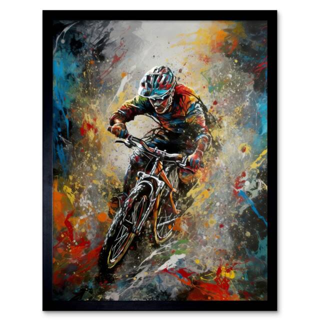 "Mountain Biker Paint Action Shot Home Decor 12x16"" Framed Wall Art Print"